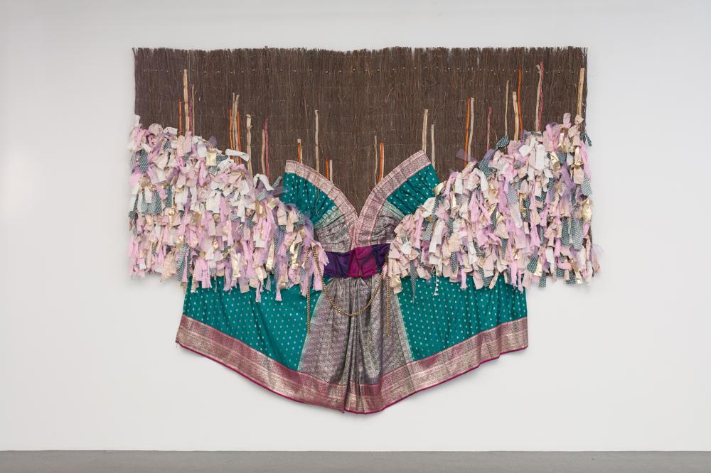K Contemporary Art, Mattai, A Matter of Course, 2018, Fabric, Vintage Sari on organic fence, 75 x 122.